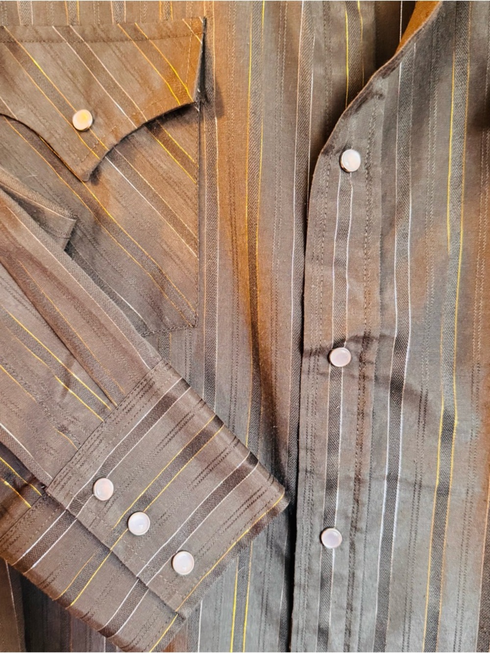Stagecoach ready Olive Pearl Snap Button-Down Shirt with Gold & Silver Pinstripe
